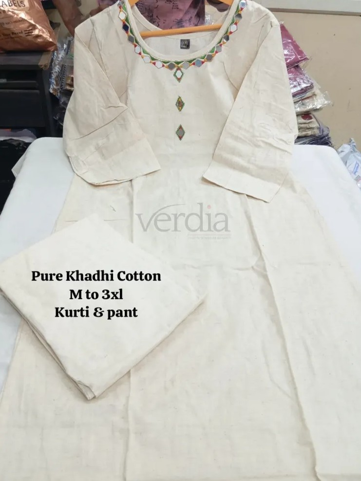 Kurti Set in pure khadi cotton featuring mirror work details.