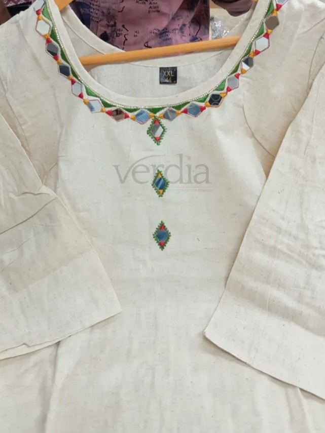 Kurti Set in pure khadi cotton featuring mirror work details. view 2