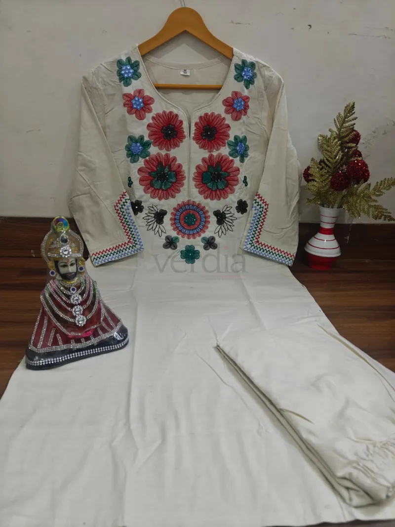 Cotton Flex Kurta Pant Set with Embroidery Work view 4