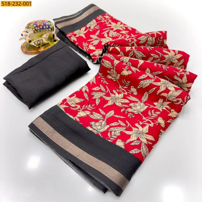 Floral Printed Mul Cotton Saree and Contrast Blouse view 2