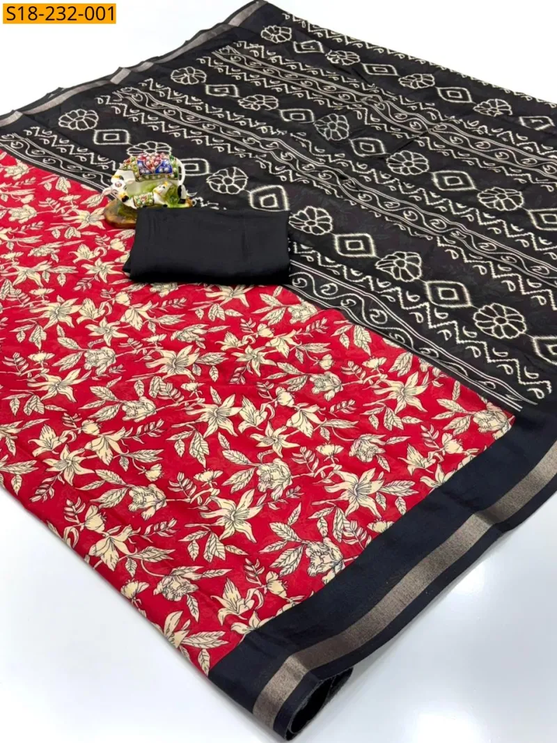 Floral Printed Mul Cotton Saree and Contrast Blouse view 3