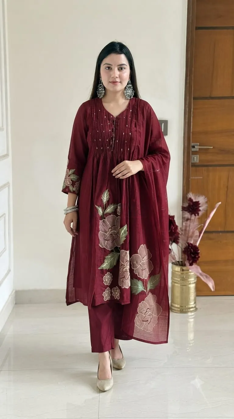 Premium Mul Chanderi Kurti Set with Heavy Embroidered Dupatta