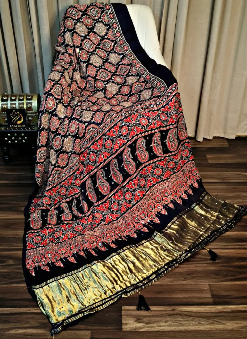 Ajrakh pure Gajji Soft Silk saree view 3