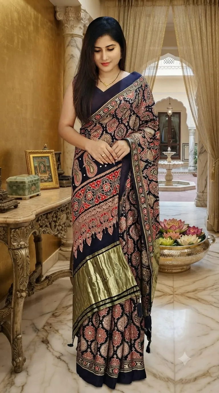 Ajrakh pure Gajji Soft Silk saree