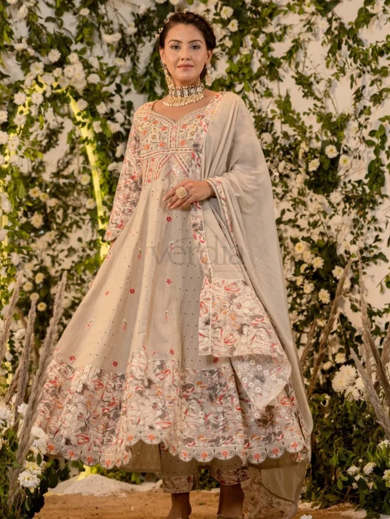 Cotton Schiffili Full Flair Anarkali Kurti Set