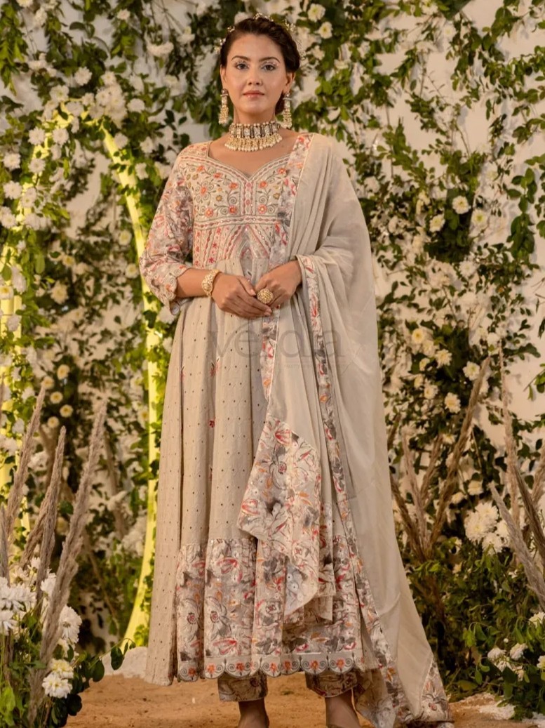 Cotton Schiffili Full Flair Anarkali Kurti Set view 2