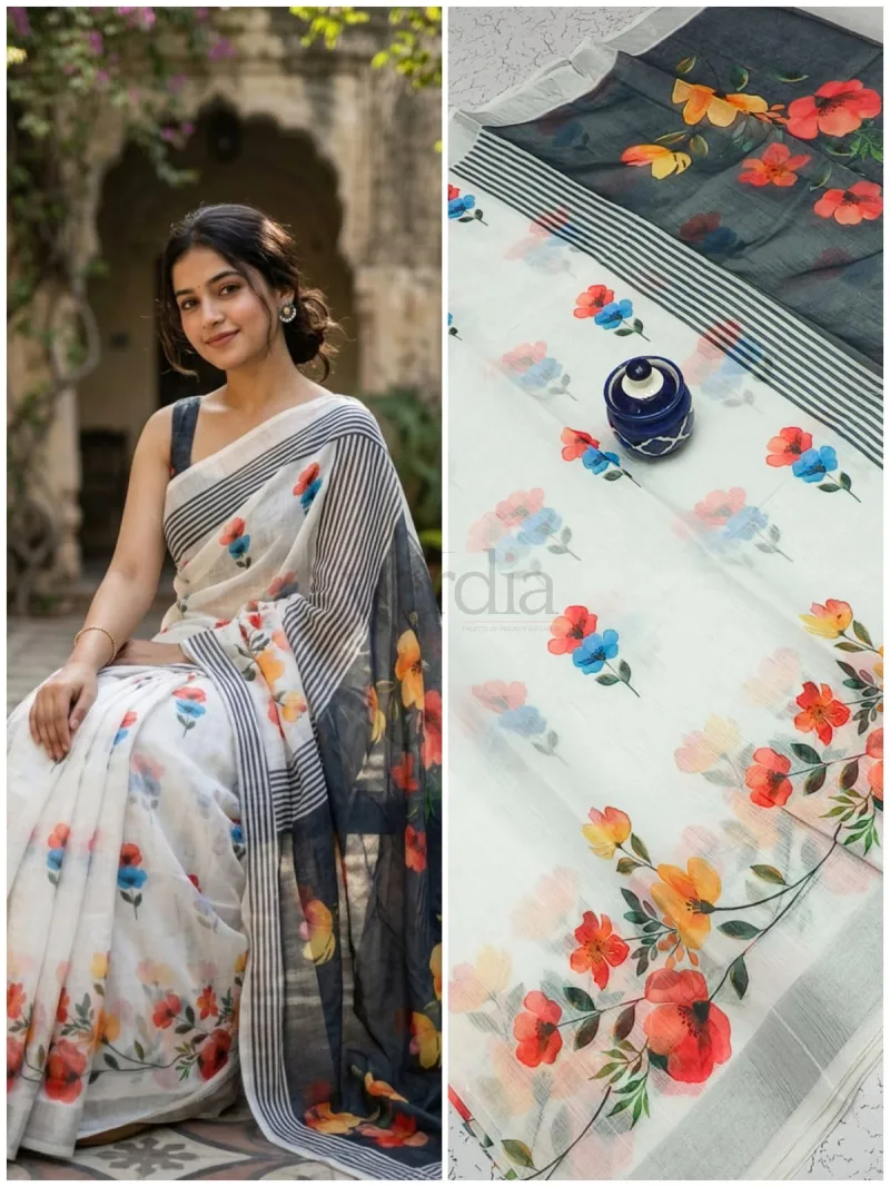 Handloom Linen Cotton Saree with unique miniature blouse view 11