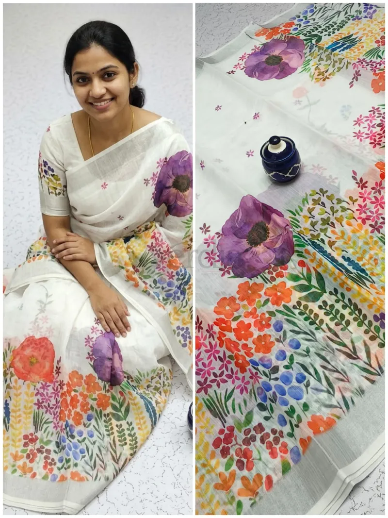 Handloom Linen Cotton Saree with unique miniature blouse view 3