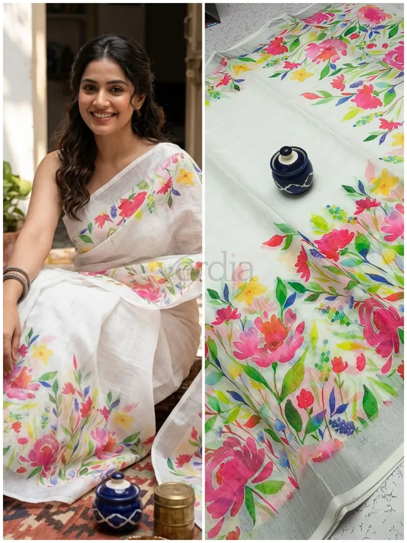 Handloom Linen Cotton Saree with unique miniature blouse view 6