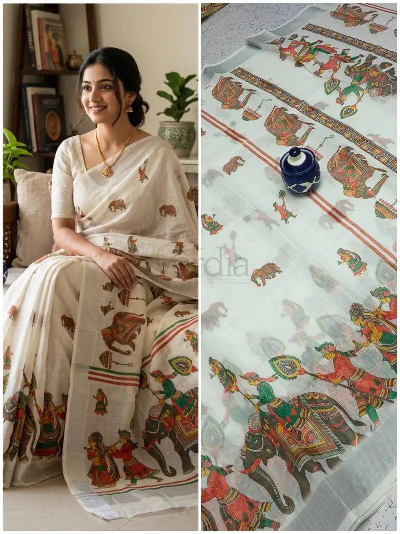 Handloom Linen Cotton Saree with unique miniature blouse view 9