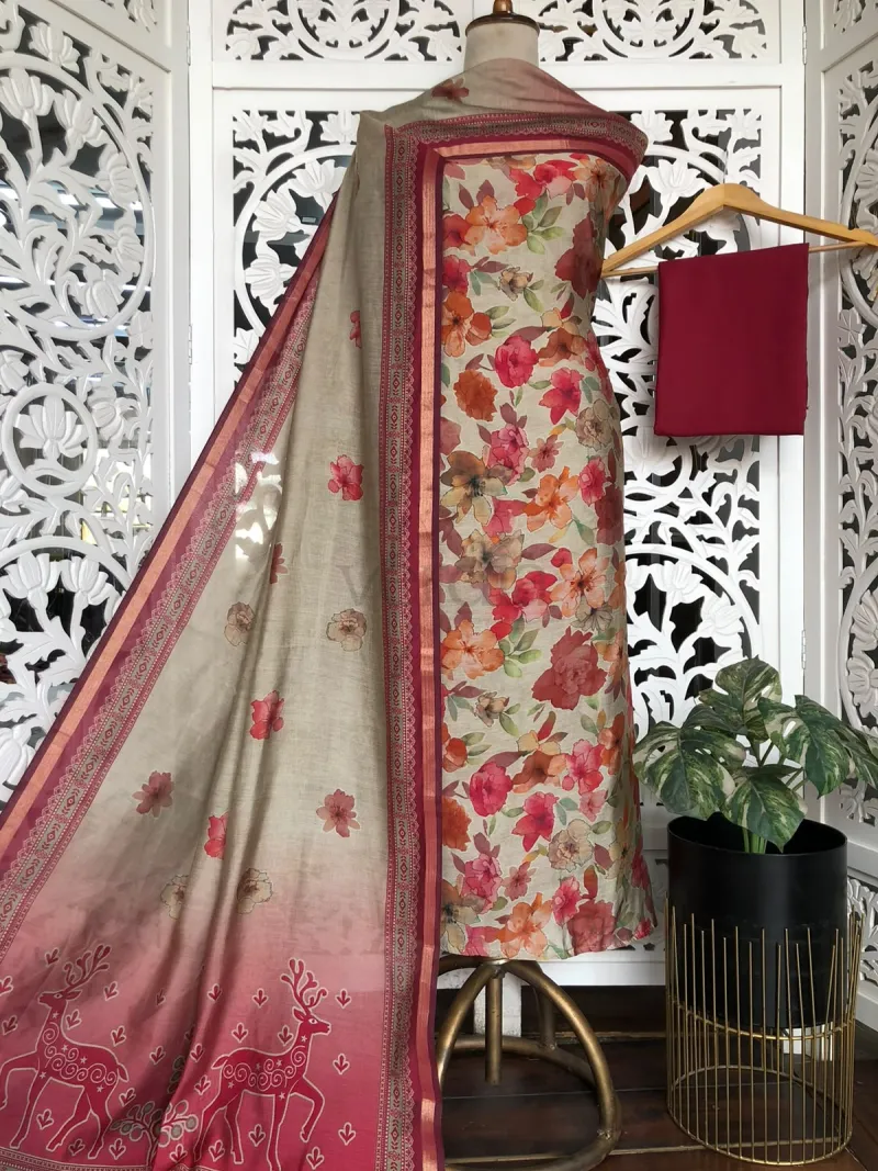Maheshwari Silk Suit with Cotton Bottom(Unstitched)