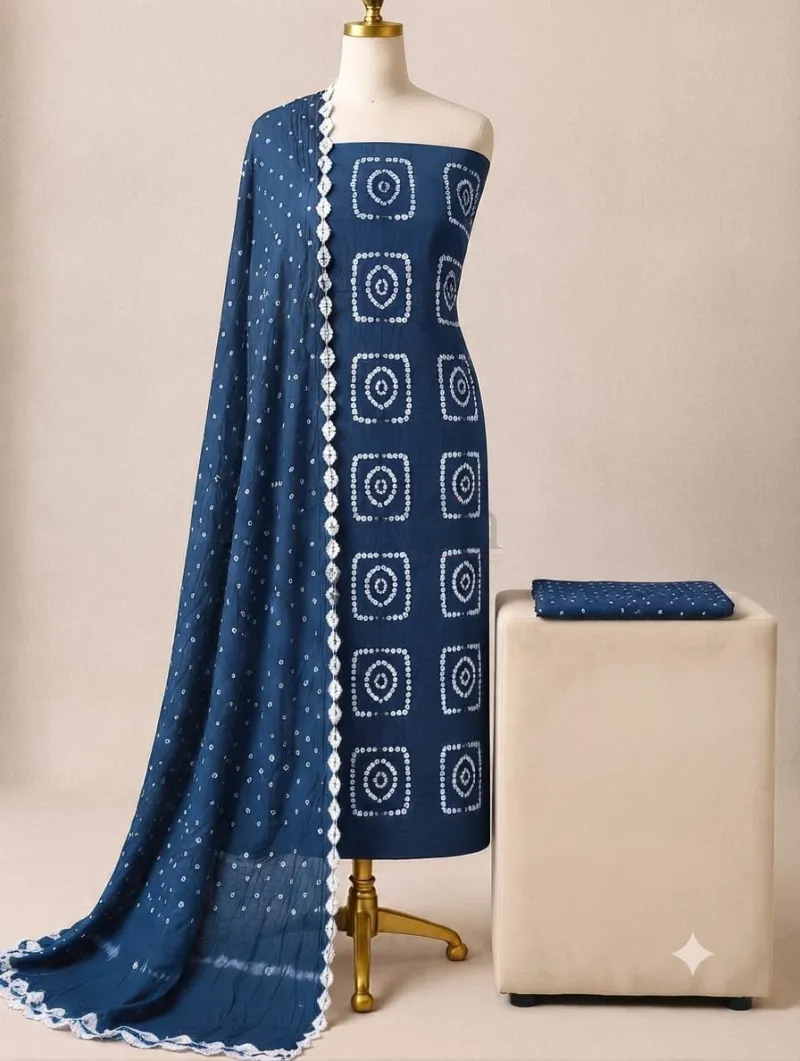 Bandhani satin cotton kurti set (Un stitched) view 3