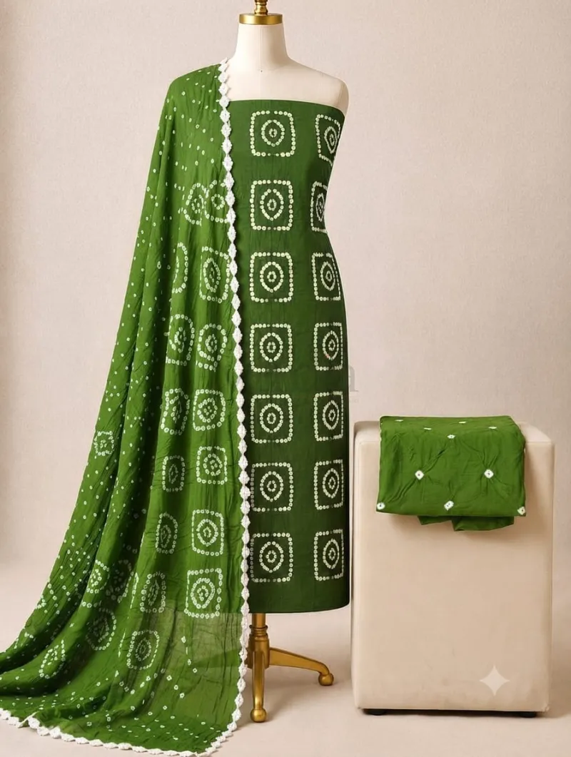 Bandhani satin cotton kurti set (Un stitched) view 5