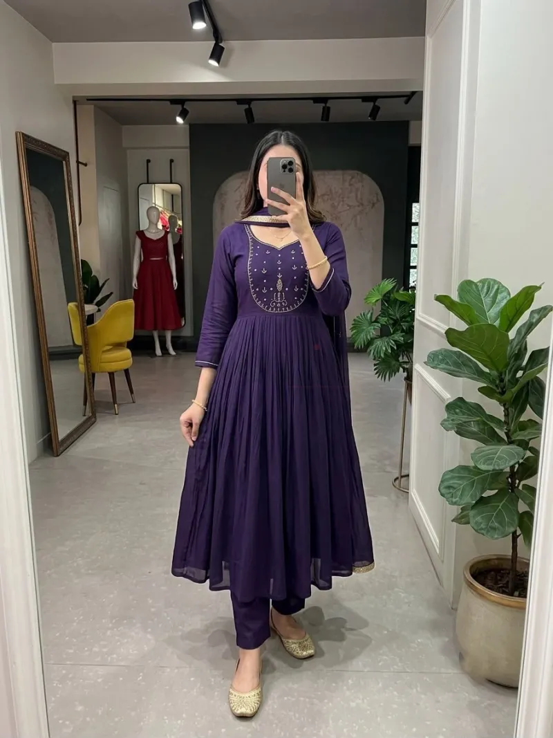 Mul Chanderi Kurti with Roman Silk Bottom and matching dupatta view 2