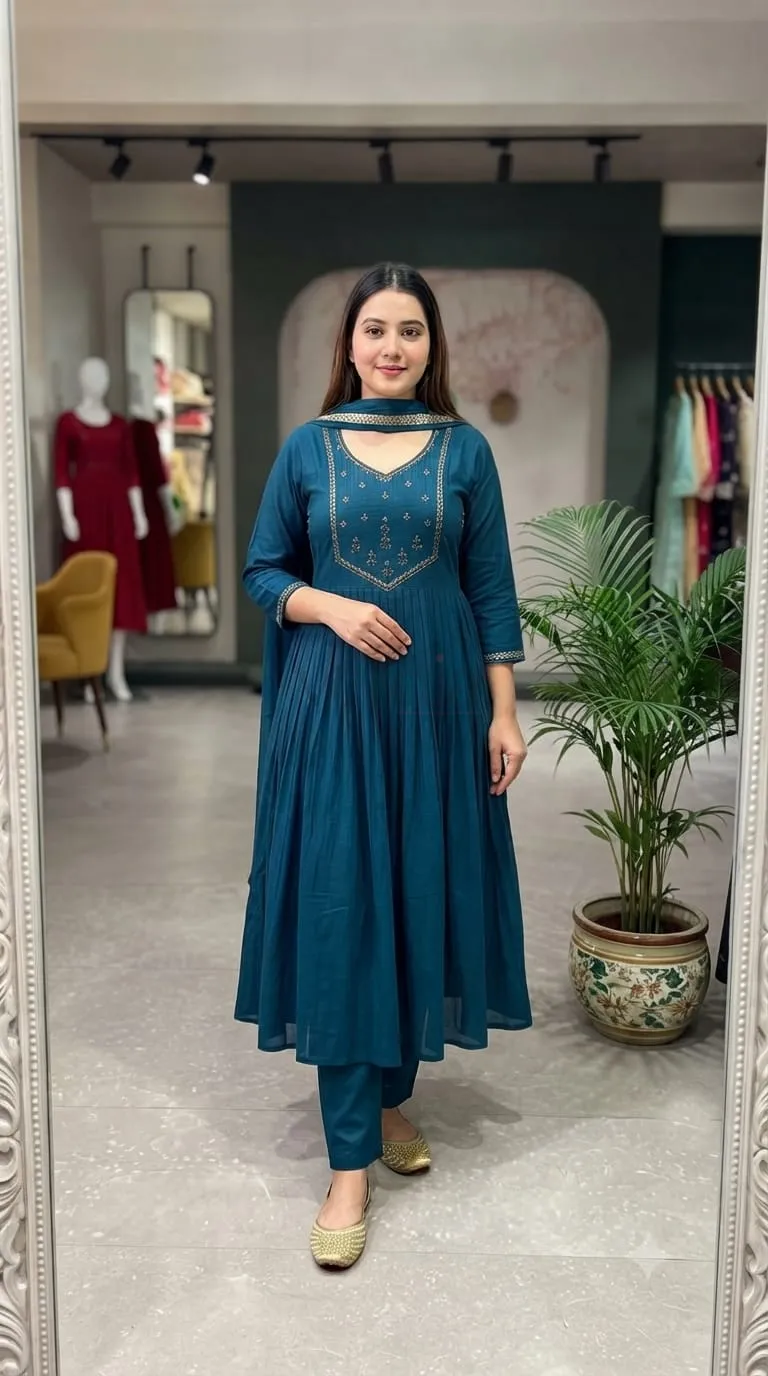 Mul Chanderi Kurti with Roman Silk Bottom and matching dupatta