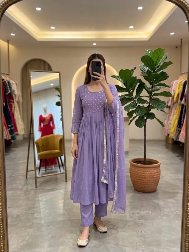 Mul Chanderi Kurti with Roman Silk Bottom and matching dupatta view 3