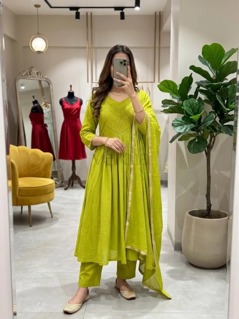 Mul Chanderi Kurti with Roman Silk Bottom and matching dupatta view 5