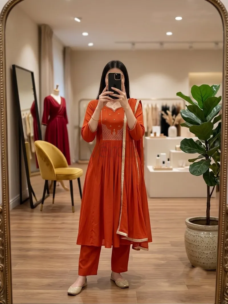Mul Chanderi Kurti with Roman Silk Bottom and matching dupatta view 6