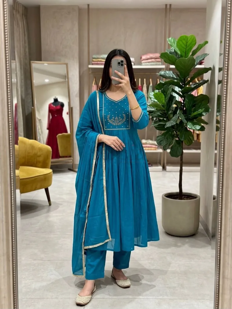 Mul Chanderi Kurti with Roman Silk Bottom and matching dupatta view 7