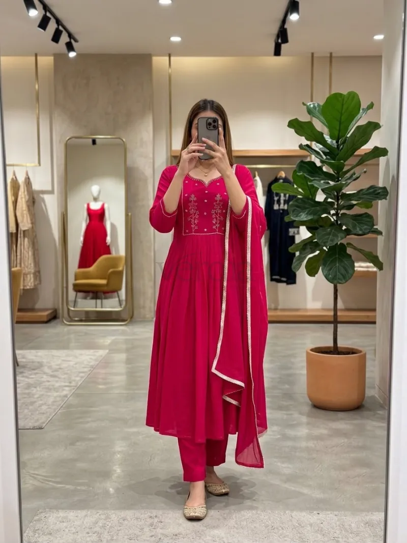 Mul Chanderi Kurti with Roman Silk Bottom and matching dupatta view 8
