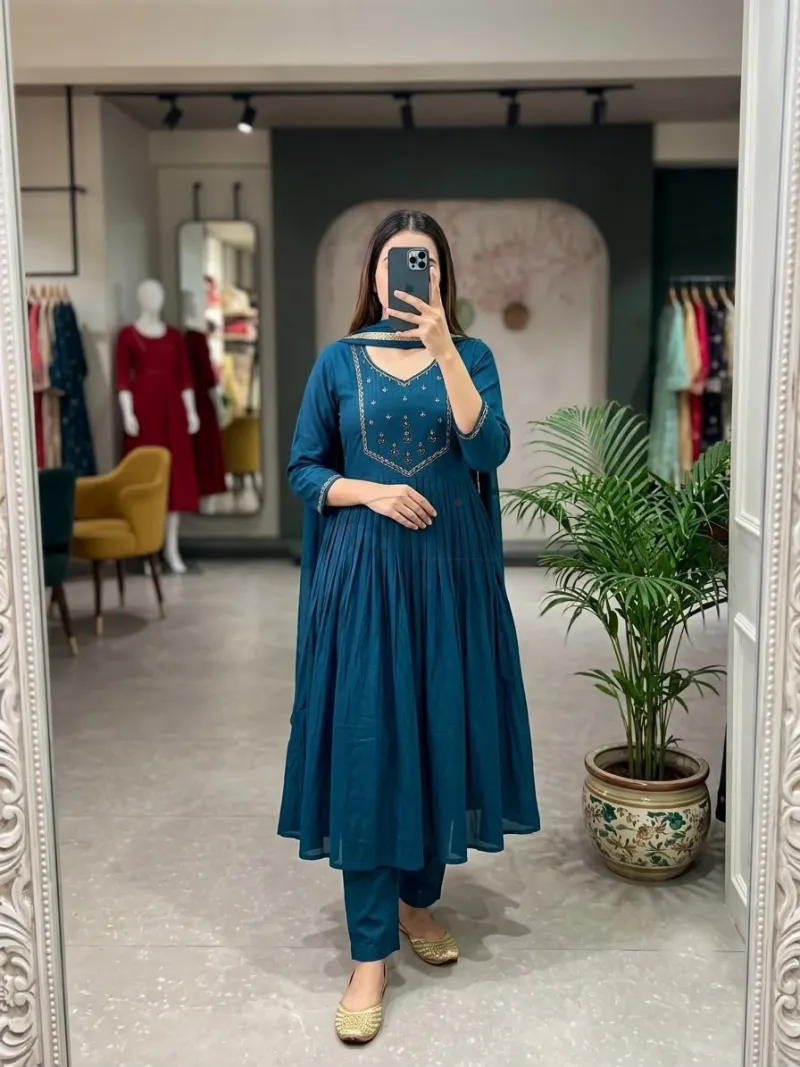 Mul Chanderi Kurti with Roman Silk Bottom and matching dupatta view 9