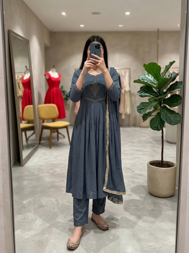 Mul Chanderi Kurti with Roman Silk Bottom and matching dupatta view 10