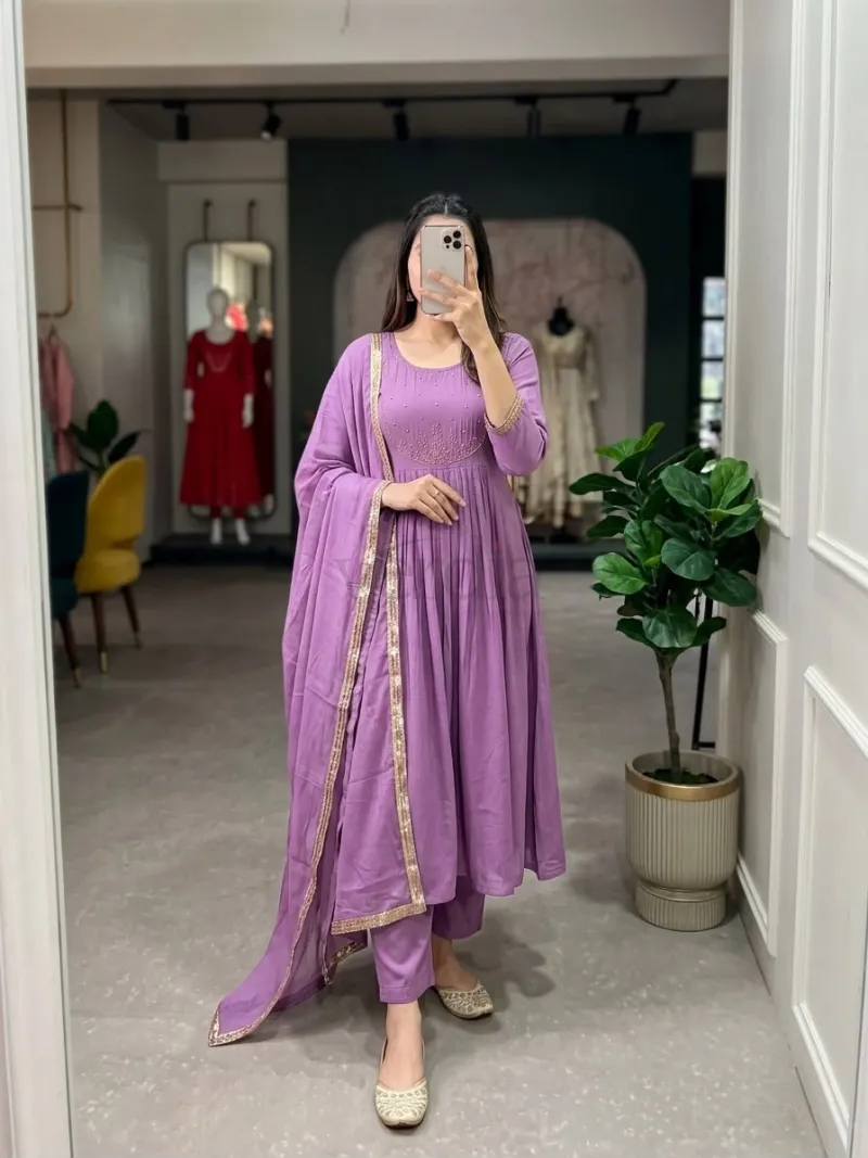 Mul Chanderi Kurti with Roman Silk Bottom and matching dupatta view 11