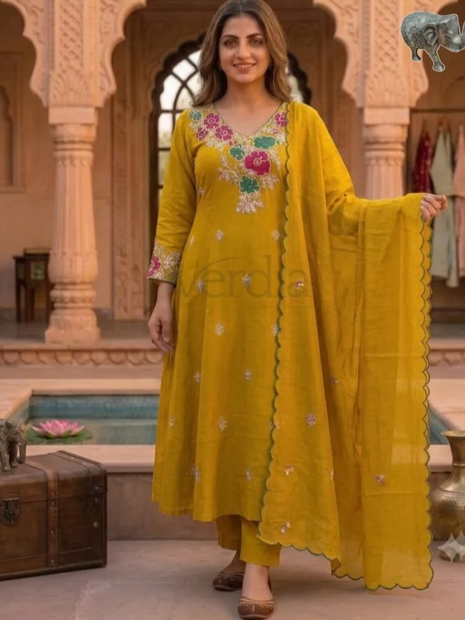 Coral Silk A-Line Kurti with Roman Pant & Heavy Dupatta view 7