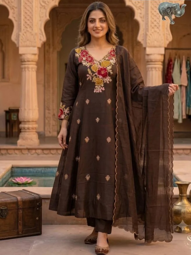 Coral Silk A-Line Kurti with Roman Pant & Heavy Dupatta view 8