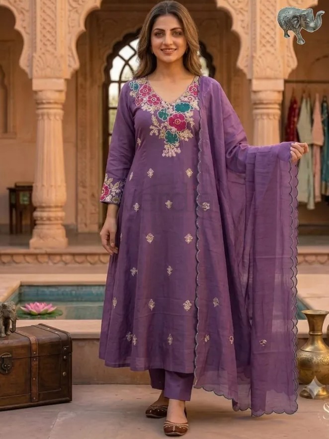 Coral Silk A-Line Kurti with Roman Pant & Heavy Dupatta