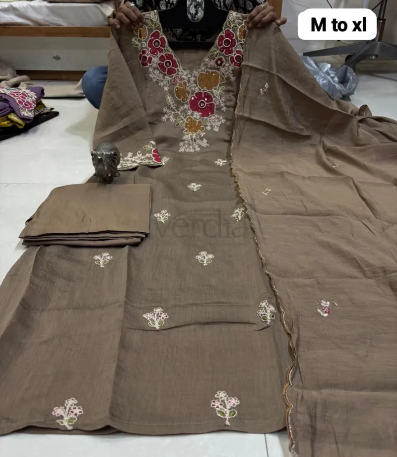 Coral Silk A-Line Kurti with Roman Pant & Heavy Dupatta