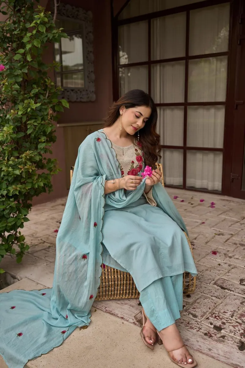 Cotton heavy embroidery work straight kurta with plazo pant view 11