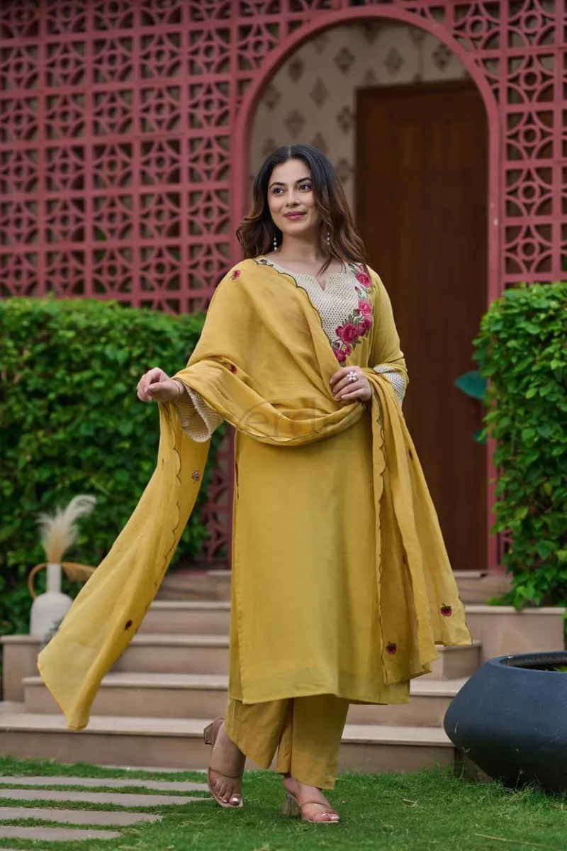 Cotton heavy embroidery work straight kurta with plazo pant view 6