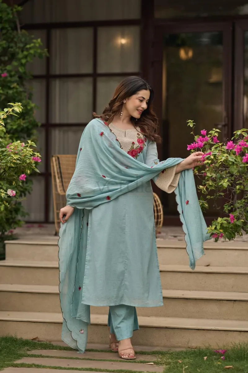 Cotton heavy embroidery work straight kurta with plazo pant view 7