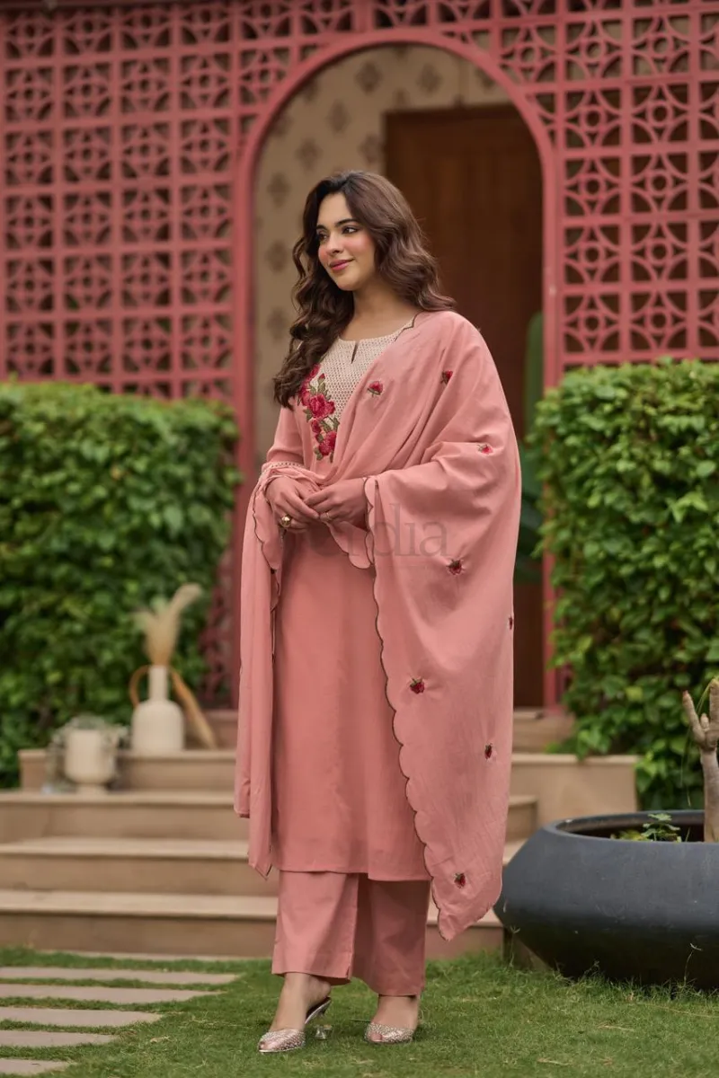 Cotton heavy embroidery work straight kurta with plazo pant view 8