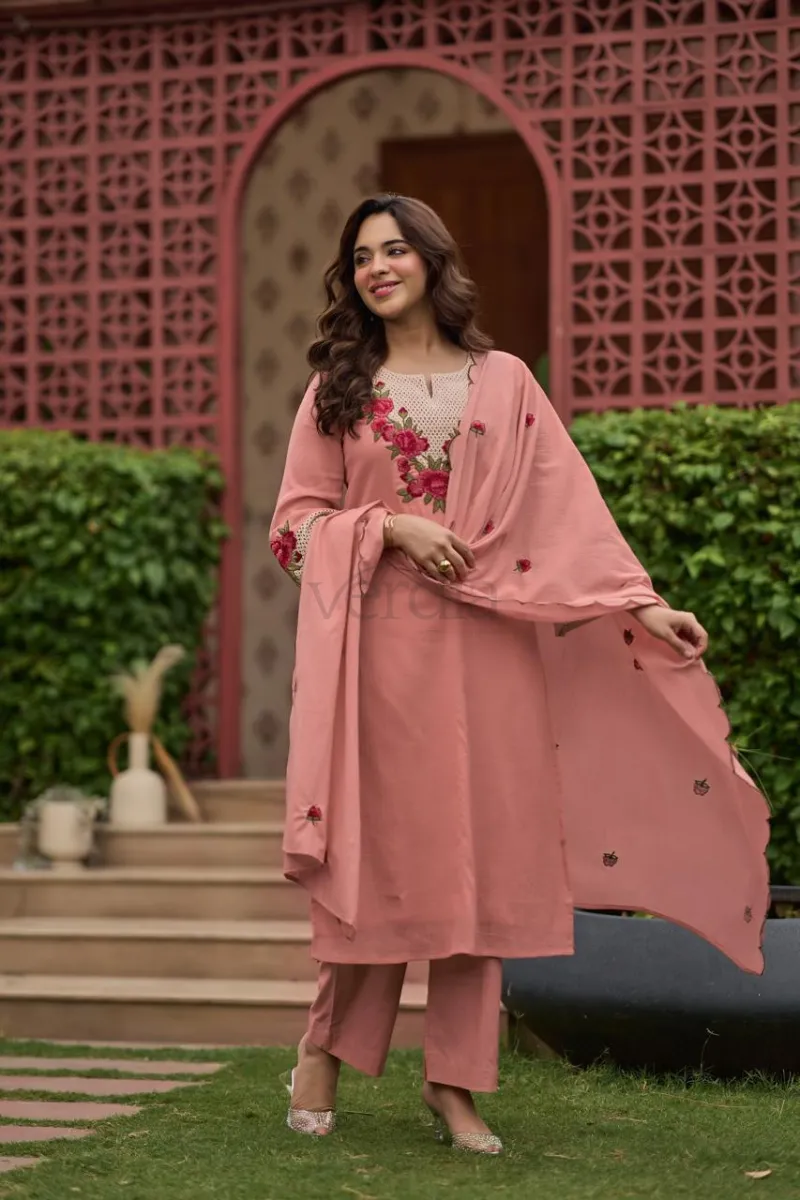 Cotton heavy embroidery work straight kurta with plazo pant view 9