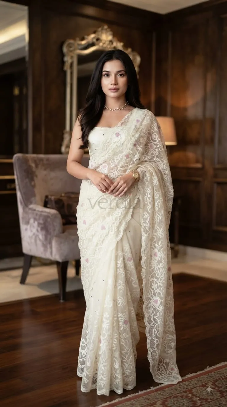 Chanda silk saree with Turkish organza style and sequins embroidery work.