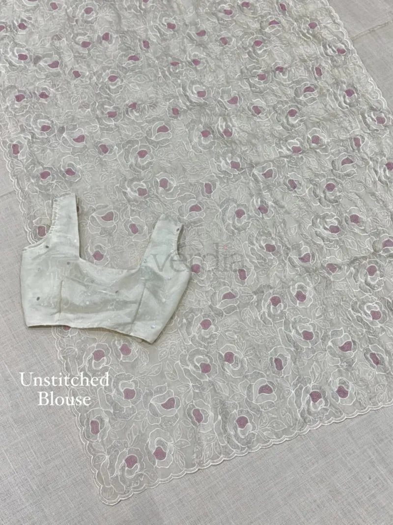 Chanda silk saree with Turkish organza style and sequins embroidery work.