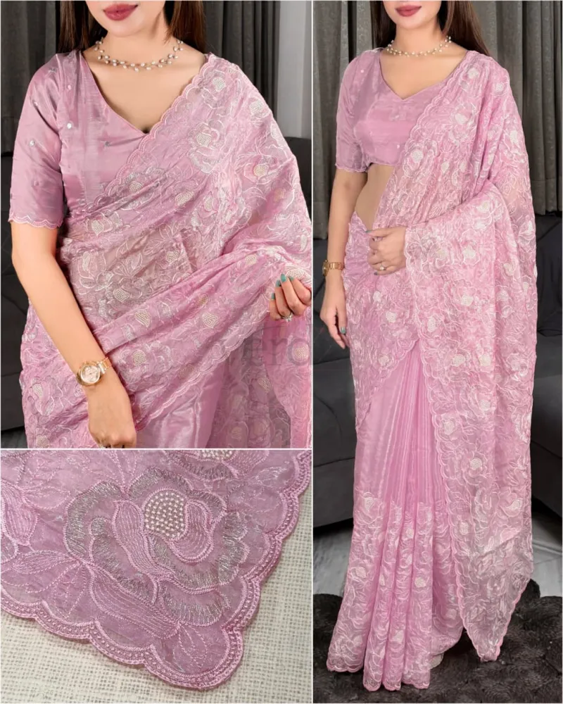 Chanda silk saree with Turkish organza style and sequins embroidery work. view 5
