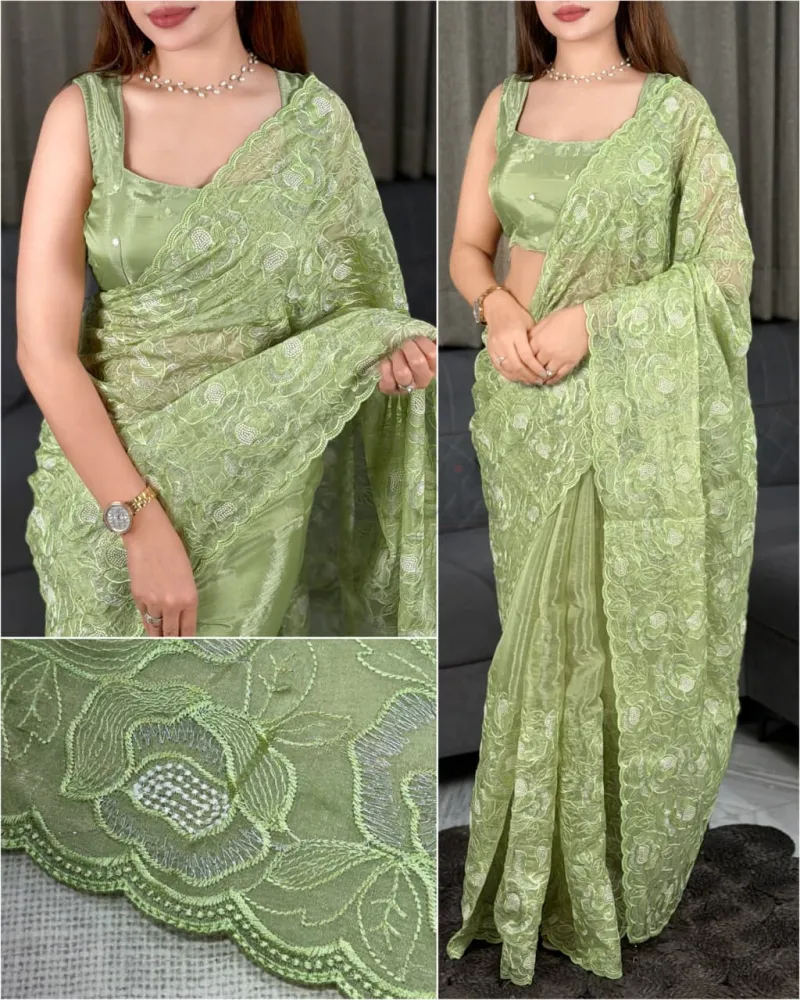 Chanda silk saree with Turkish organza style and sequins embroidery work. view 6