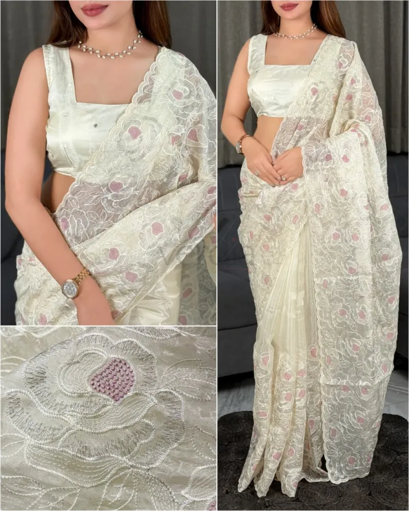 Chanda silk saree with Turkish organza style and sequins embroidery work. view 7