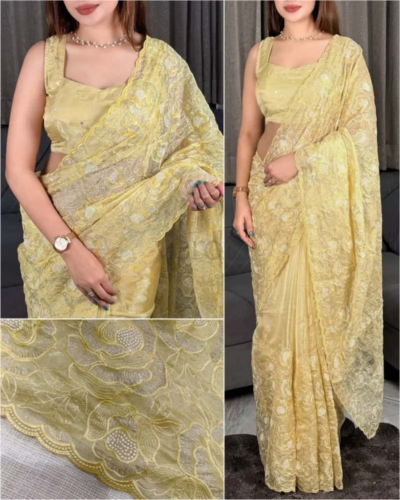 Chanda silk saree with Turkish organza style and sequins embroidery work. view 9