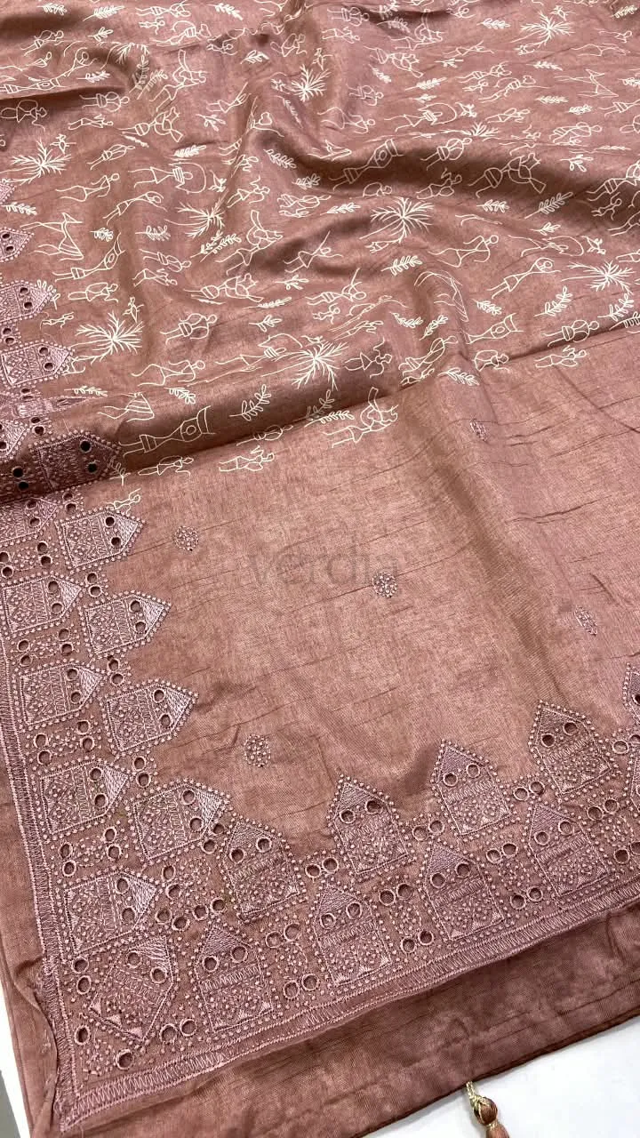 Tussar Silk Saree with Warli Art prints and embroidered cut work border.