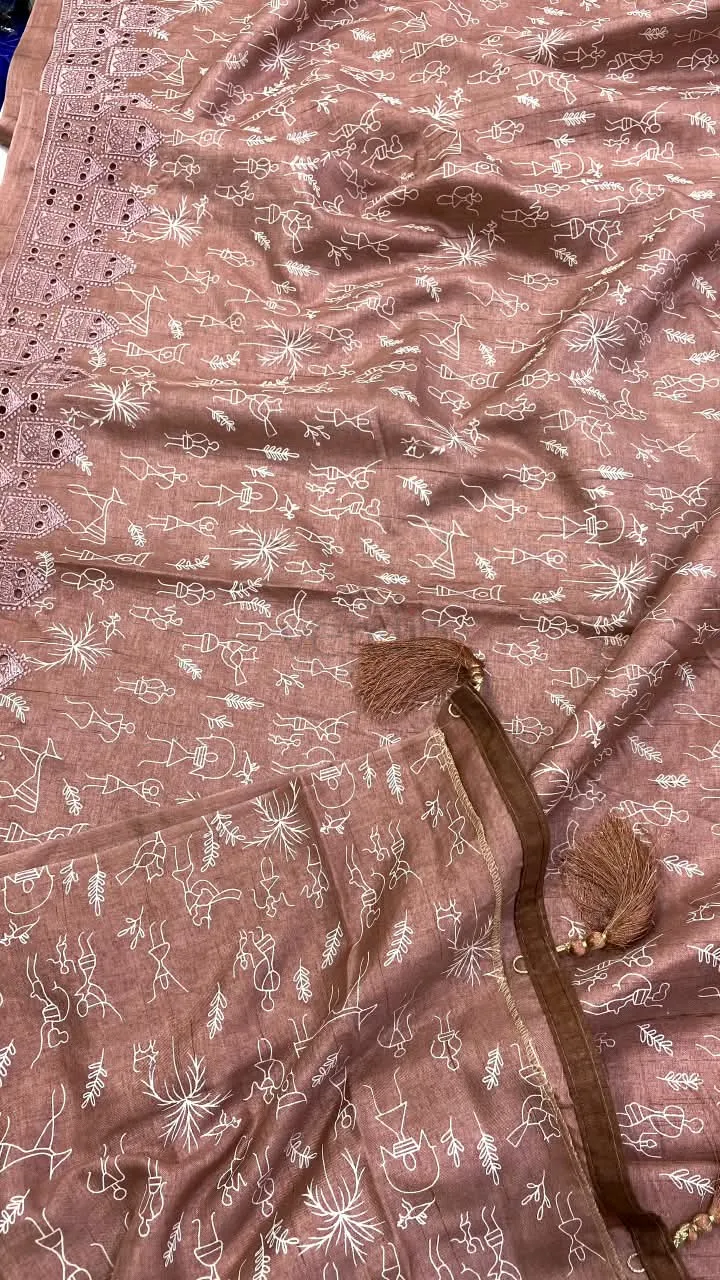 Tussar Silk Saree with Warli Art prints and embroidered cut work border. view 4