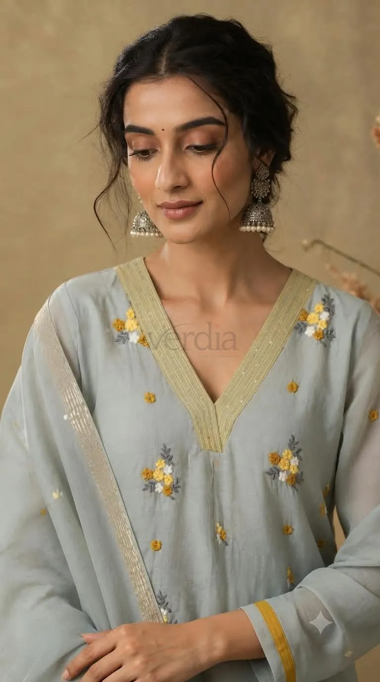 Premium Banarasi Mul Chanderi Kurta with Butties and Sequin Detailing view 2