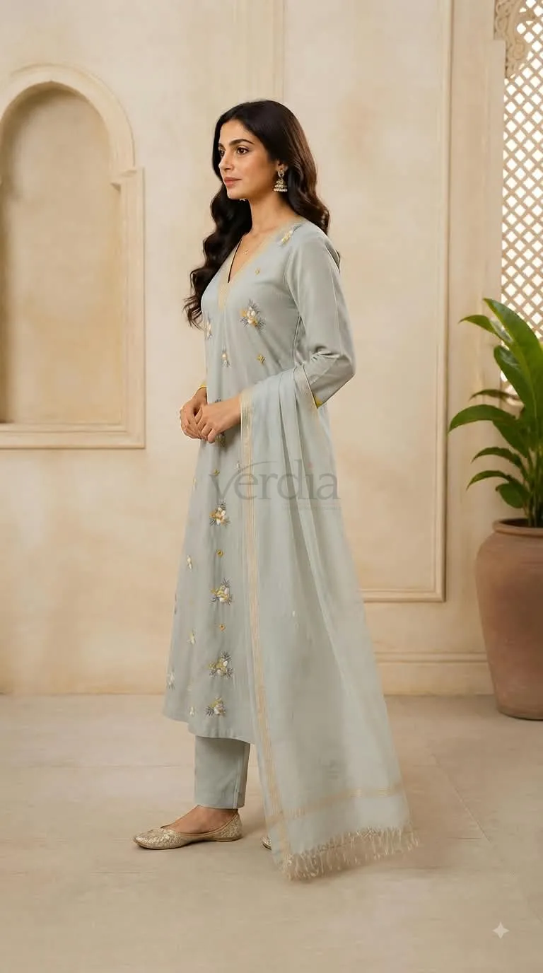 Premium Banarasi Mul Chanderi Kurta with Butties and Sequin Detailing view 4
