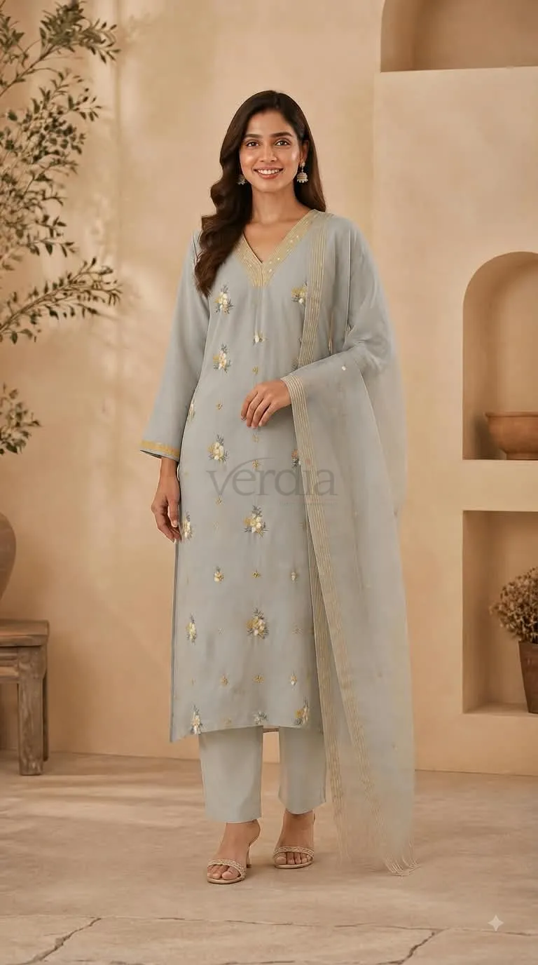 Premium Banarasi Mul Chanderi Kurta with Butties and Sequin Detailing