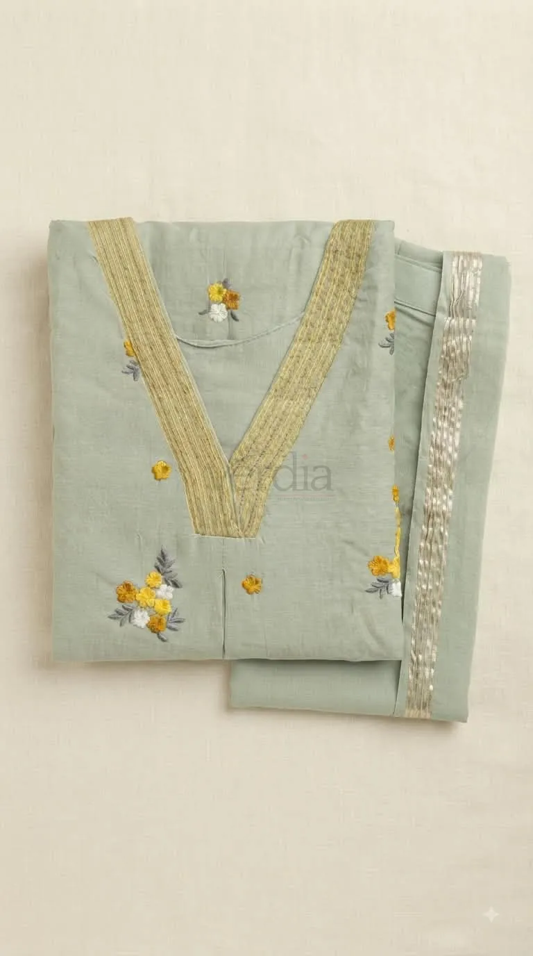 Premium Banarasi Mul Chanderi Kurta with Butties and Sequin Detailing view 5
