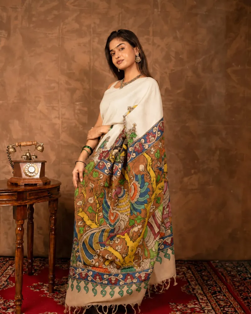 Mul Semi Silk Saree Featuring Kalamkari Print