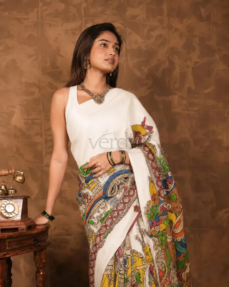 Mul Semi Silk Saree Featuring Kalamkari Print view 4